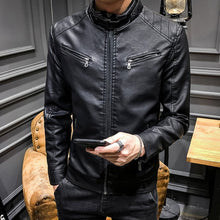 Load image into Gallery viewer, New Arrive Men's Synthetic Leather Jackets Solid Slim Stand Collar Zipper Fashion Coat Motorcycle Leather Jacket Mens Coats